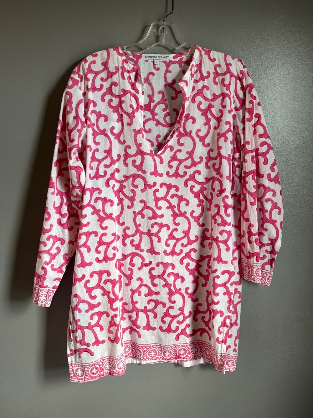 Barbara Gerwit pink scroll 100% cotton tunic top * sz L *